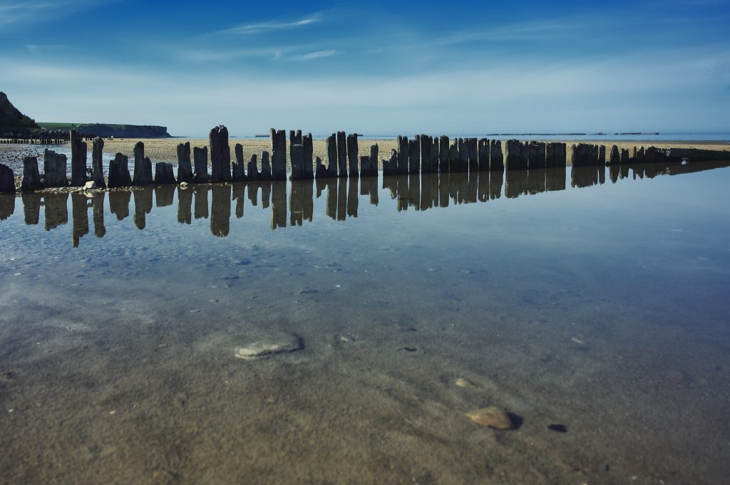Spiegelungen im Wasser am Strand von Saint-Cômes-de-Fresné in der Normandie
